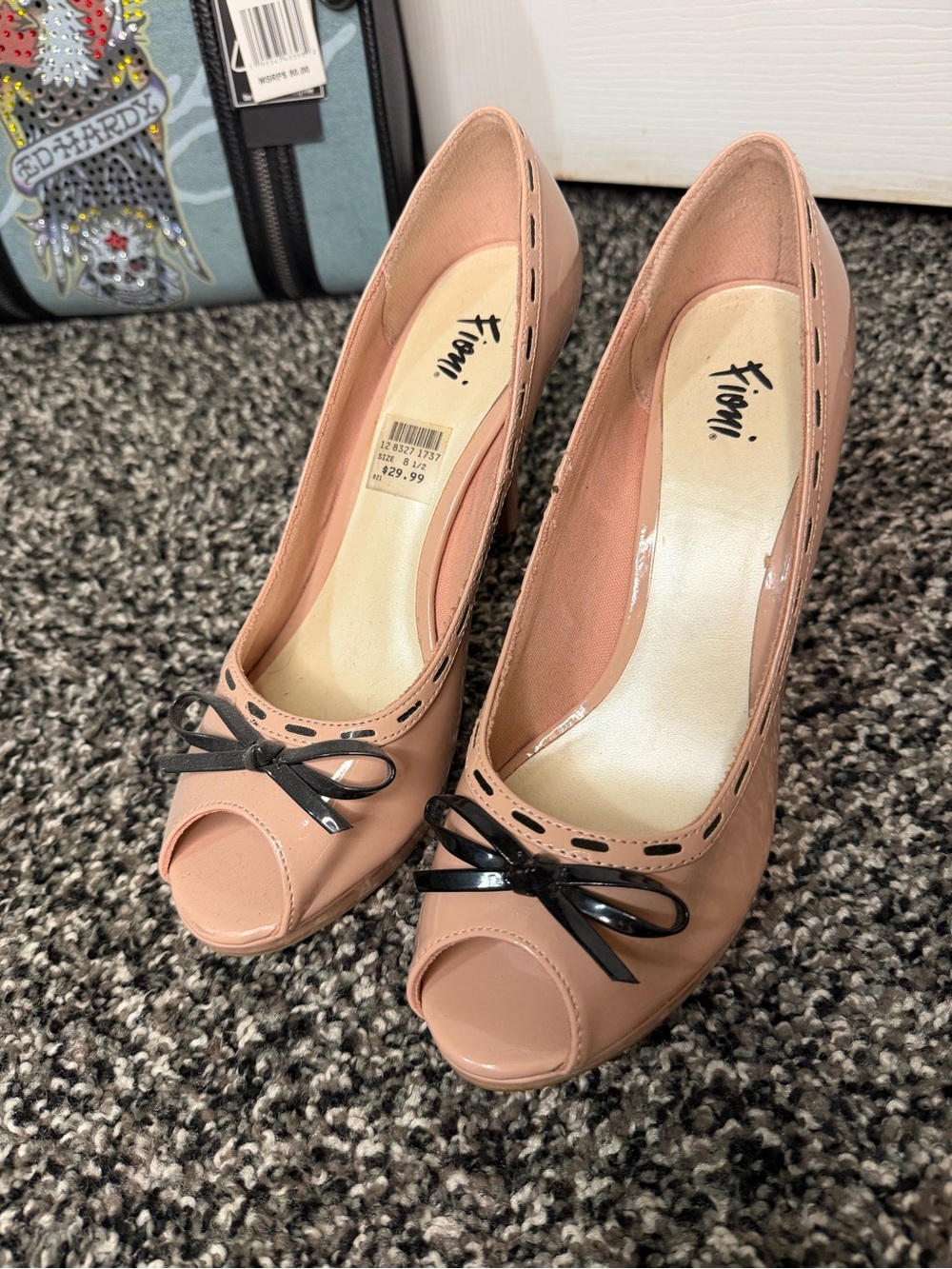 FIONI Clothing Nude Blush Peep-Toe Heels with Black Bow Detail